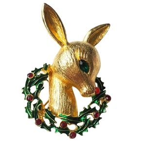 Vintage MYLU Rudolph Reindeer with Rhinestones in Holly Wreath  Christmas Pin